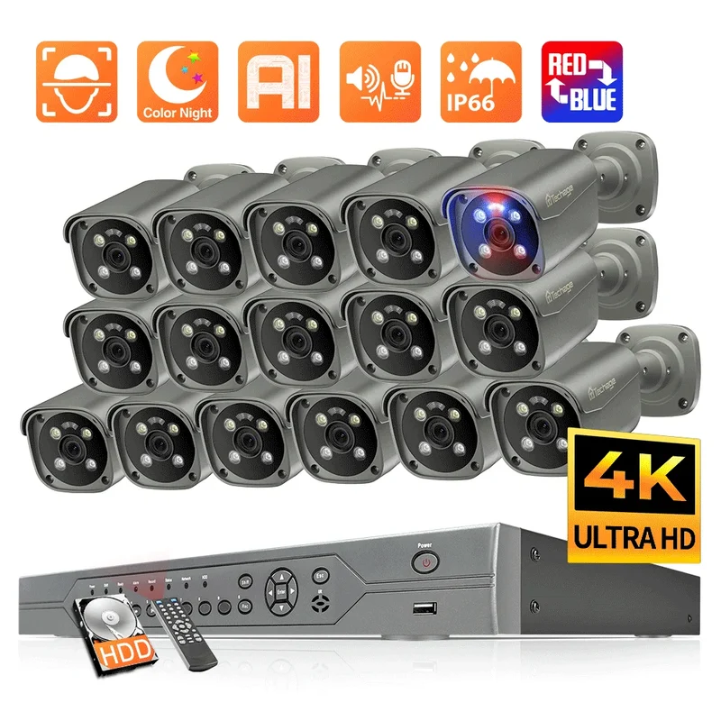 4K 16CH POE Camera System with Red and Blue Alarm Light