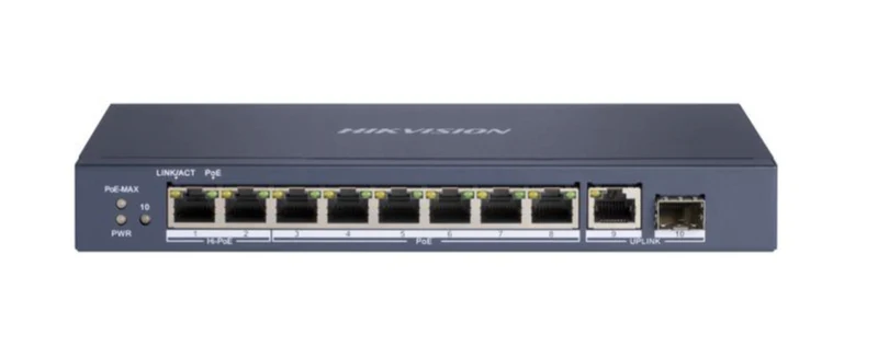Hikvision DS-3E0510HP-E, conmutador PoE Gigabit (High), 8 puertos, 1 enlace ascendente