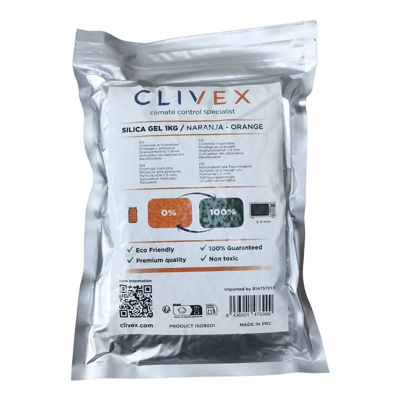 Clivex Gel de Sílice Naranja 1-3 mm 1 Kg – Desecante Absorbe Humedad para Secado y Conservación