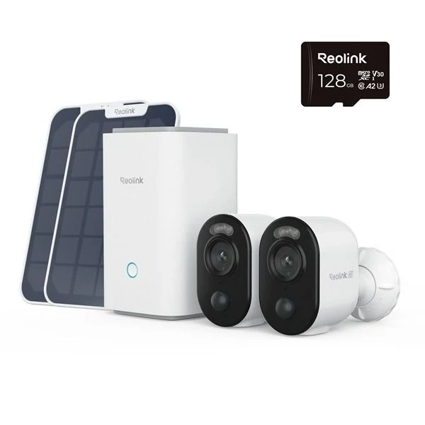 Reolink Home Hub1 con 2 cámaras Reolink B350 de 8 MP y 2 paneles solares, 1 tarjeta SD de 128 GB