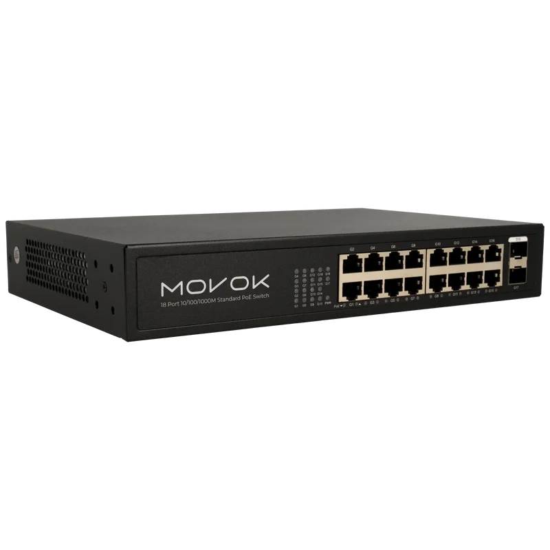 Conmutador Gigabit PoE de 18 puertos de Movok, 16 puertos PoE, 2 puertos de enlace ascendente