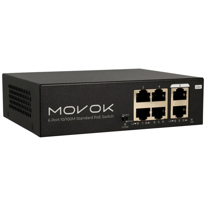 Conmutador PoE Movok de 6 puertos, 100 Mb, 250 m PoE
