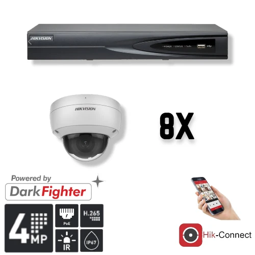 Conjunto Hikvision de 8 cámaras domo de 4 MP + grabador y cableado