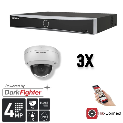Conjunto Hikvision: 3 cámaras domo de 4 MP + grabador y cableado