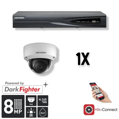 Conjunto Hikvision: 1 cámara domo de 8 MP + grabador y cableado
