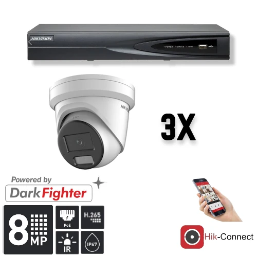 Conjunto Hikvision de 3 cámaras tipo torreta de 8 MP + grabador y cableado