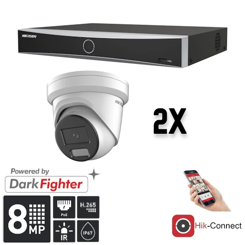 Conjunto Hikvision: 2 cámaras tipo torreta de 8 MP + grabador y cableado