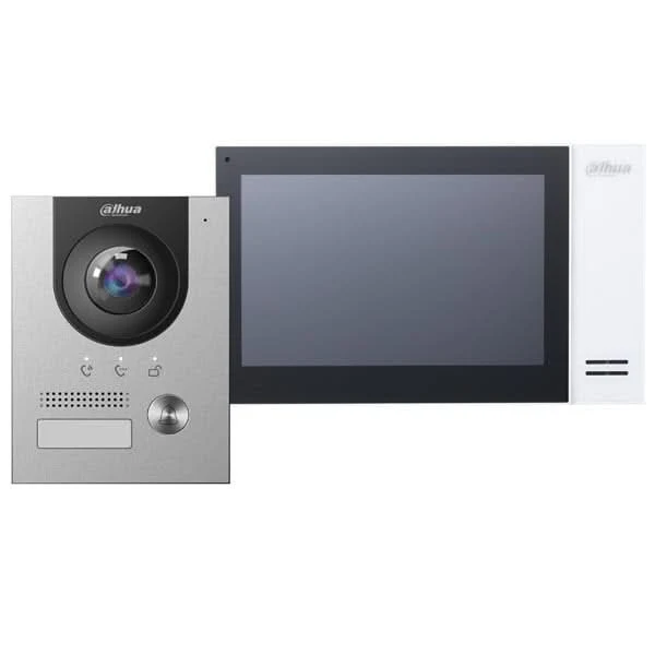 Conjunto de videoportero Dahua KTP01L, que incluye un conmutador PoE, el VTO2201F-P y la estación interior VTH2421FW-P