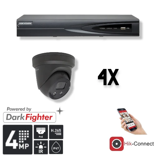 Conjunto Hikvision de 4 cámaras tipo torreta de 4 MP + grabador y cableado