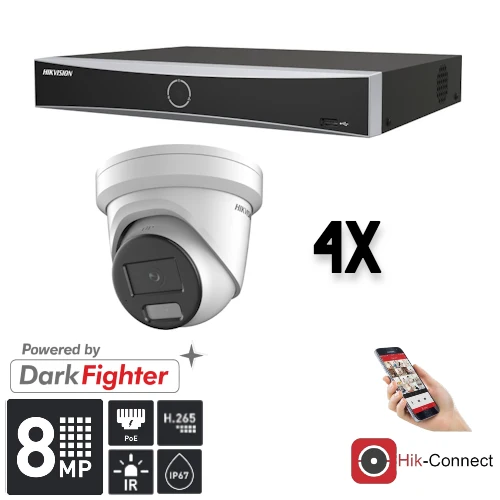 Conjunto Hikvision de 4 cámaras tipo torreta de 8 MP + grabador y cableado