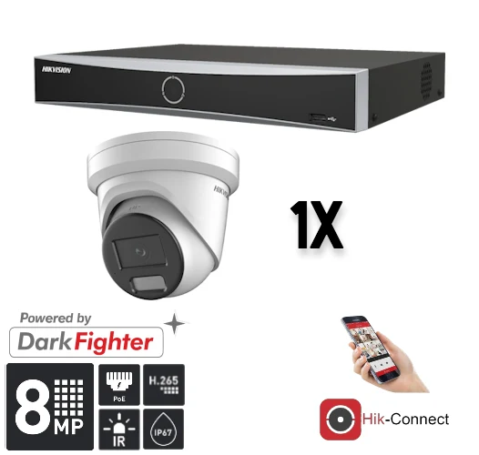 Conjunto Hikvision: 1 cámara tipo torreta de 8 MP + grabador y cableado