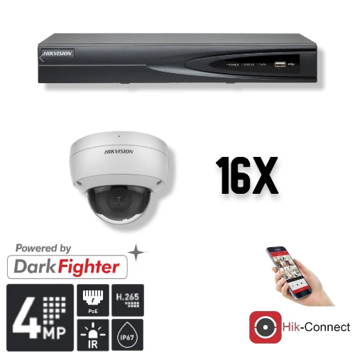Conjunto Hikvision de 16 cámaras domo de 4 MP + grabador y cableado
