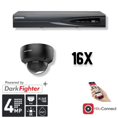 Conjunto Hikvision de 16 cámaras domo de 4 MP + grabador y cableado