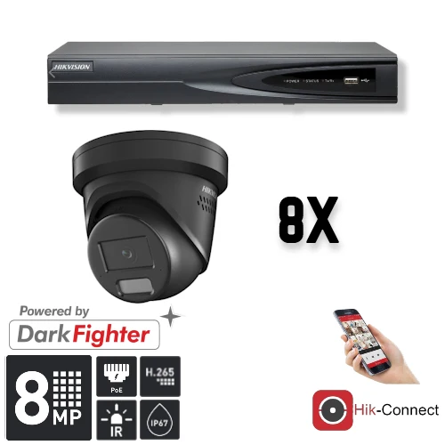 Conjunto Hikvision de 8 cámaras tipo torreta de 8 MP + grabador y cableado