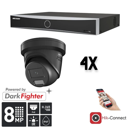 Conjunto Hikvision de 4 cámaras tipo torreta de 8 MP + grabador y cableado