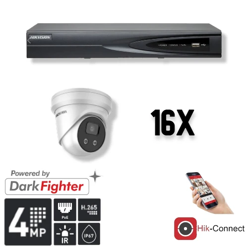 Conjunto Hikvision de 16 cámaras tipo torreta de 4 MP + grabador y cableado