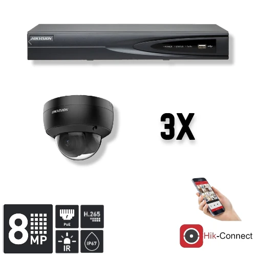 Conjunto Hikvision de 3 cámaras domo de 8 MP + grabador y cableado