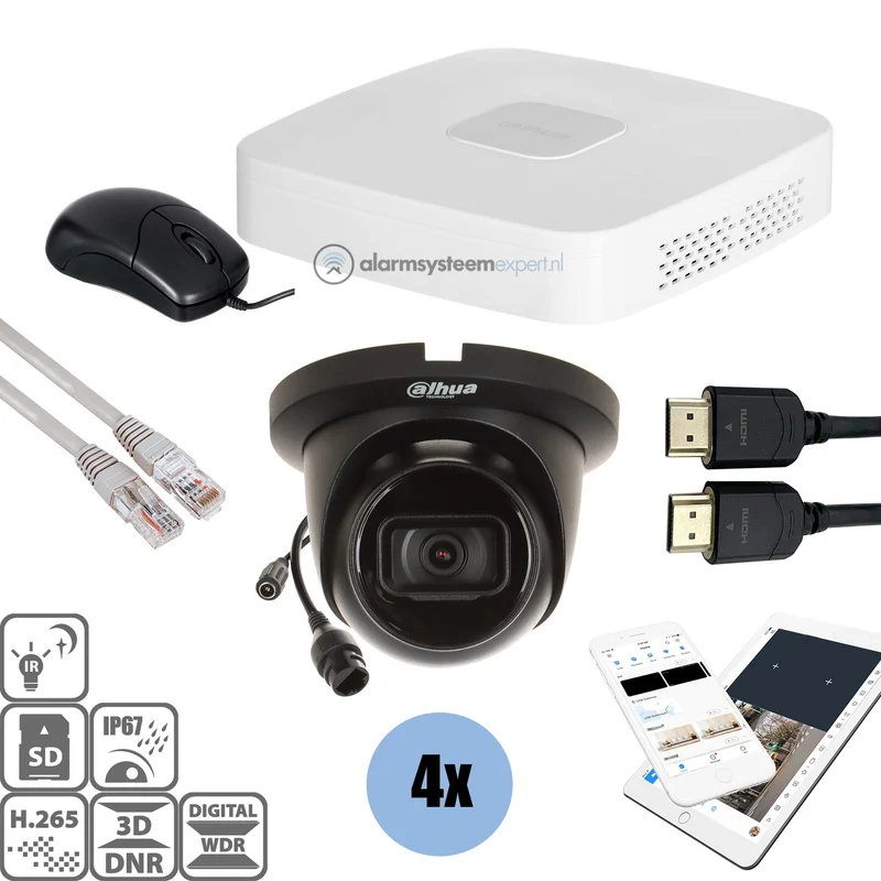 Kit Dahua Black: 4 cámaras tipo torreta de 4 Mp + grabador y cableado