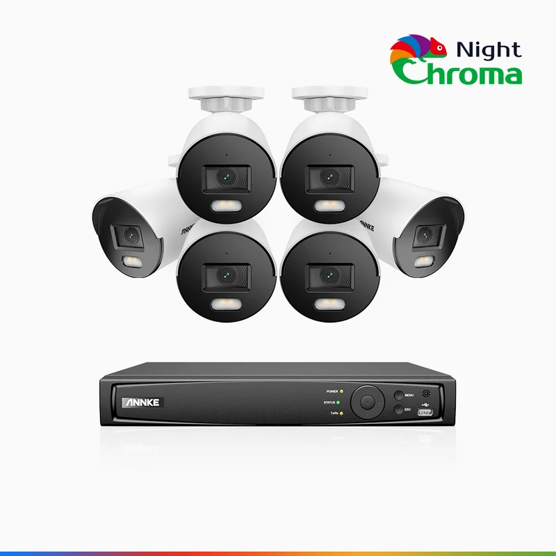 NightChroma TM NCK500 - Kit de 6 cámaras de vigilancia PoE de 3K con videograbador NVR de 8 canales, visión nocturna a color Acme, f/1.0 Súper Apertura, Alineación Activa, micrófono integrado, tarjeta SD micro ranura