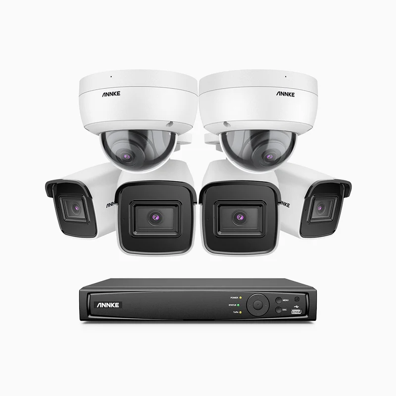 H800 - Kit de vigilancia PoE 4K con 4 cámaras bullet y 2 cámaras domo (antivándalica IK10) y videograbador NVR de 16 canales, Visión nocturna a color e infrarrojos, detección de humanos y vehículos, micrófono integrado, ángulo de visión 96º