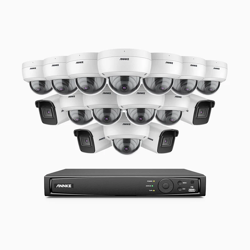 H800 - Kit de vigilancia PoE 4K con 4 cámaras bullet y 12 cámaras domo (antivándalica IK10) y videograbador NVR de 16 canales, Visión nocturna a color e infrarrojos, detección de humanos y vehículos, micrófono integrado, ángulo de visión 96º