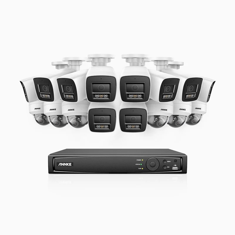 H800 - Kit de vigilancia PoE 4K con 10 cámaras bullet y 6 cámaras domo (antivándalica IK10) y videograbador NVR de 16 canales, Visión nocturna a color e infrarrojos, detección de humanos y vehículos, micrófono integrado, ángulo de visión 96º