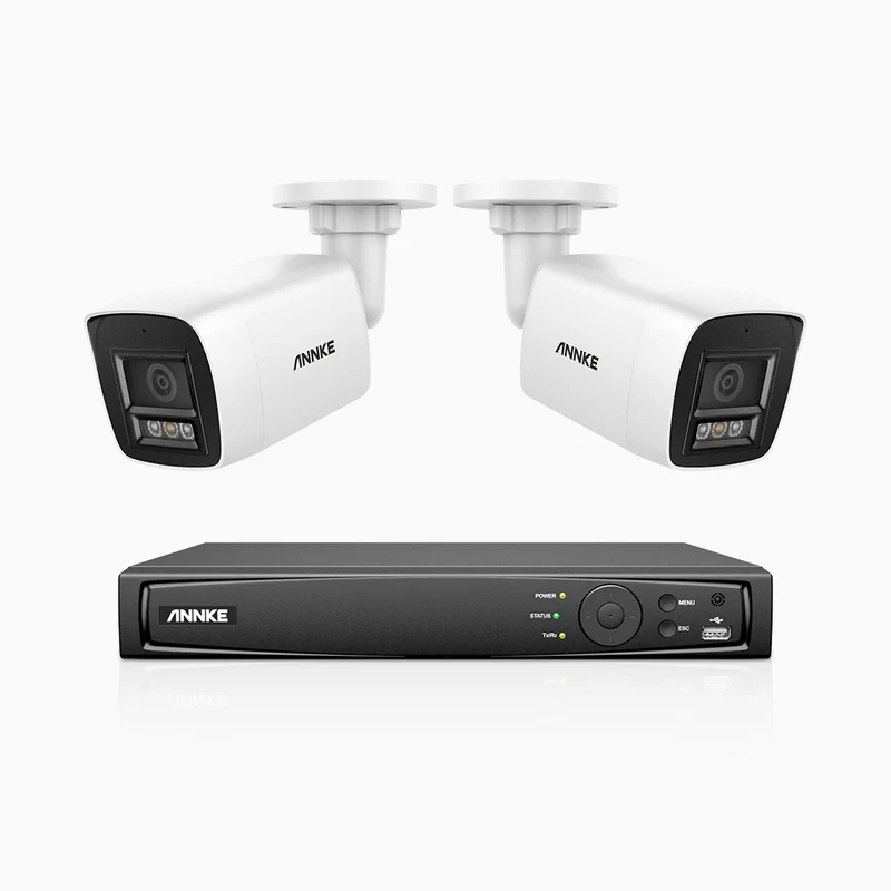H800 - Kit de 2 cámaras de vigilancia PoE de 4K con videograbador NVR de 4 canales, Visión nocturna a color e infrarrojos, detección de humanos y vehículos, micrófono integrado, ángulo de visión 96º
