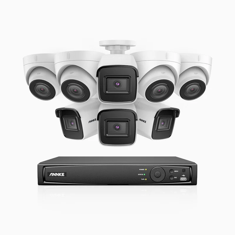 H800 - Kit de vigilancia PoE 4K con 4 cámaras bullet y 4 cámaras domo y videograbador NVR de 16 canales, Visión nocturna a color e infrarrojos, detección de humanos y vehículos, micrófono integrado, ángulo de visión 96º