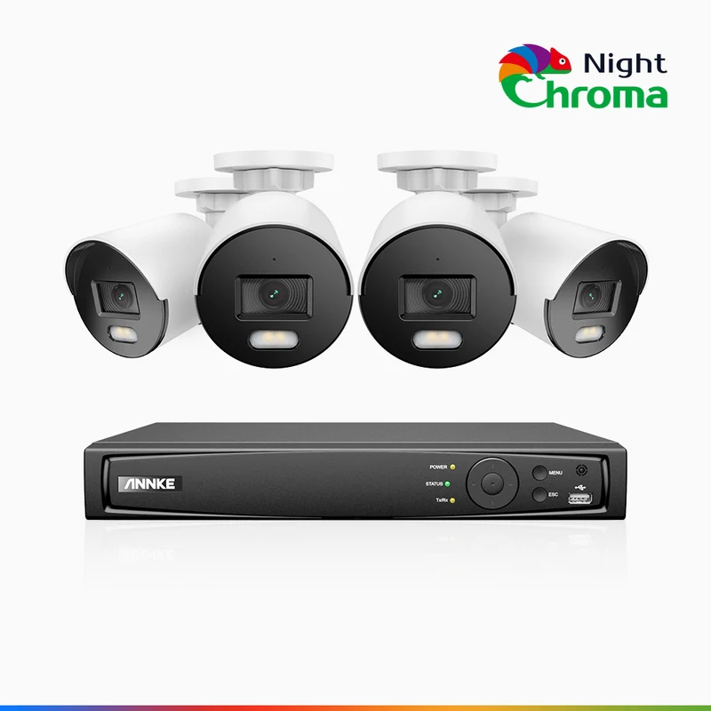 NightChroma TM NCK500 - Kit de 4 cámaras de vigilancia PoE de 3K con videograbador NVR de 8 canales, visión nocturna a color Acme, f/1.0 Súper Apertura, Alineación Activa, micrófono integrado, tarjeta SD micro ranura