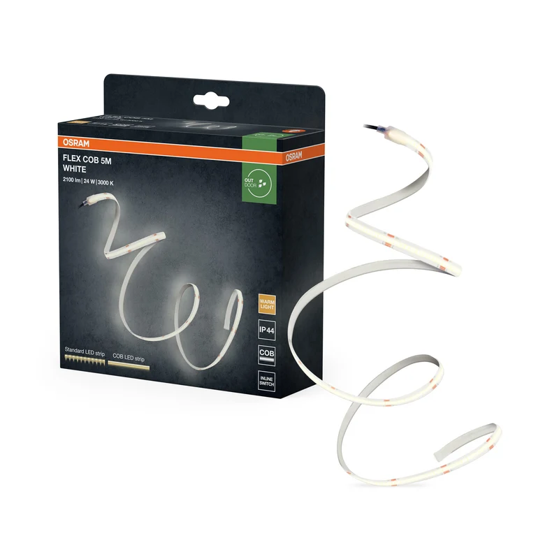 Tira LED OSRAM FLEX COB OUTDOOR de 5 m, blanca, 22 W, 800 lm, luz blanca cálida, tecnología COB, distribución homogénea de la luz, larga vida útil, fácil instalación, clase de protección IP44, 3000 K