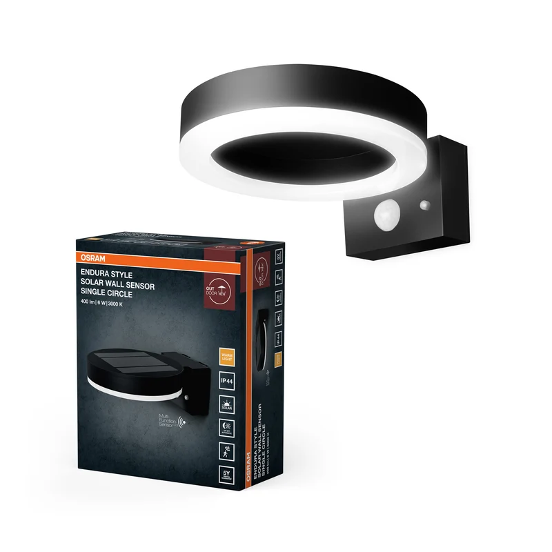 Aplique solar OSRAM ENDURA Style, negro, acero inoxidable, IP44, con sensor de movimiento y de luz natural, alimentado por energía solar, ideal para exteriores