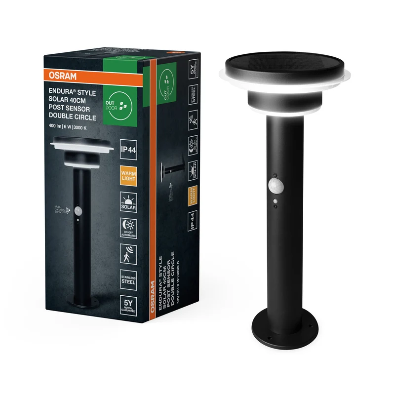 Lámpara de exterior OSRAM ENDURA Style Solar, carcasa de acero inoxidable, negra, IP44, con sensor de movimiento y de luz natural, alimentada por energía solar, ideal para entradas y terrazas