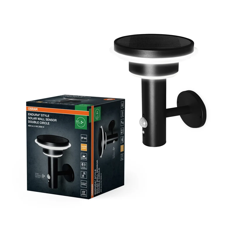 Iluminación exterior OSRAM ENDURA Style Solar, negra, acero inoxidable, IP44, con sensor de movimiento y de luz natural, alimentada por energía solar, ideal para terrazas y entradas