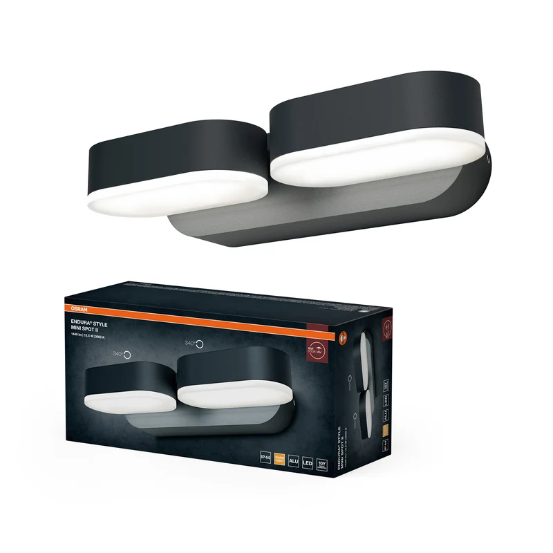 OSRAM ENDURA Style, juego de 2 minifocos en gris oscuro, aplique LED para exterior con cabezal giratorio de 340°, protección IP44, ideal para iluminar la entrada