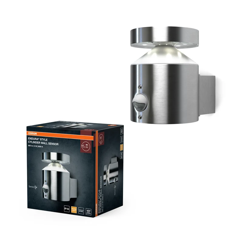Lámpara de pared exterior OSRAM ENDURA Style Cylinder con sensor, 150 mm, 3000 K, 660 lm, 6 W, diseño moderno en acero inoxidable, IP44 para entradas y fachadas