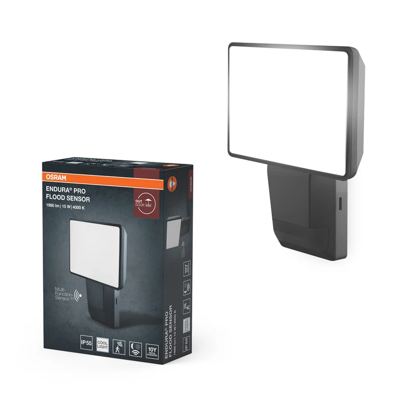 OSRAM ENDURA PRO: foco de pared para exterior de alta eficiencia con sensor y amplio ángulo de haz, con un diseño óptico innovador, 15 W, gris oscuro, protección IP55, para aparcamientos y parques