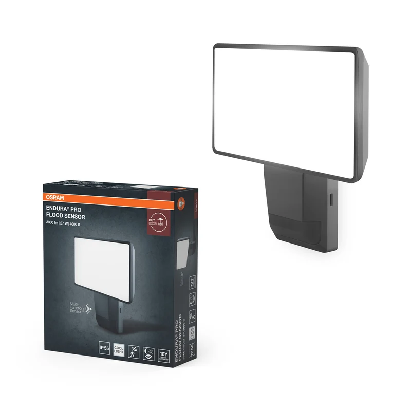 OSRAM ENDURA PRO: proyector de pared para exterior de alta eficiencia con sensor y amplio ángulo de haz, con un diseño óptico innovador, 27 W en gris oscuro, protección IP55, para aparcamientos y parques