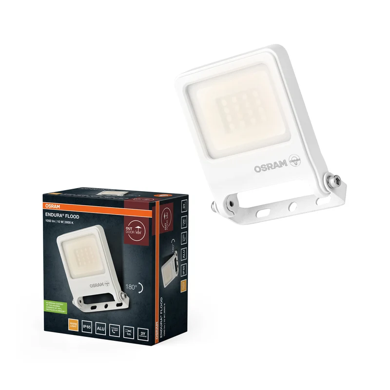 Proyector LED OSRAM ENDURA FLOOD PC 10 W, 3000 K blanco cálido, 1000 lúmenes, IP65, luz blanca, material reciclado, soporte de montaje de 180°, blanco