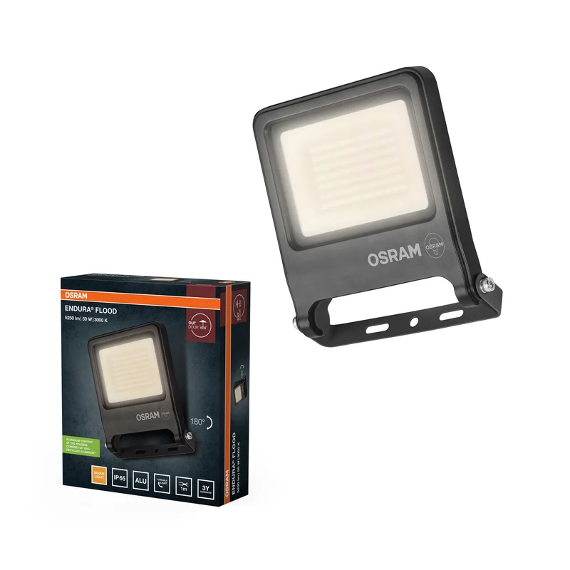Proyector LED OSRAM ENDURA FLOOD PC 50 W, blanco cálido 3000 K, 5000 lúmenes, protección IP65, aluminio de larga duración, eficiencia de 100 lm/W, gris oscuro
