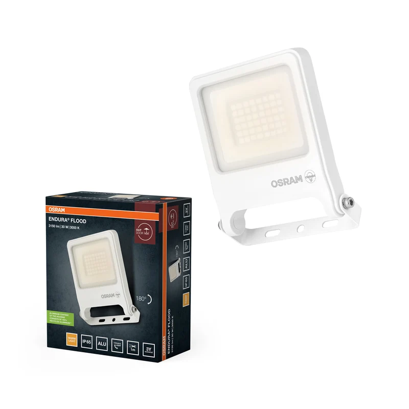 Proyector LED OSRAM ENDURA FLOOD PC 30W, blanco cálido 3000K, 3000 lúmenes, IP65, luz blanca, orientable 180°, blanco