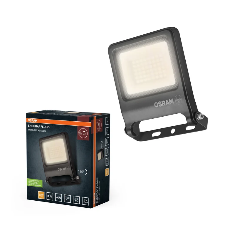 Proyector LED OSRAM ENDURA FLOOD PC 30W, blanco cálido 3000K, 3000 lúmenes, IP65, respetuoso con el medio ambiente, ángulo de haz de 110°, 100 lm/W, gris