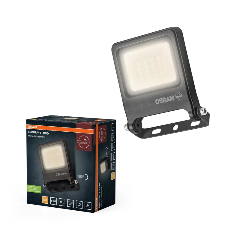 Proyector LED OSRAM ENDURA FLOOD PC 10 W, blanco cálido 3000 K, 1000 lúmenes, IP65 resistente a la intemperie, ángulo de 110°, gris oscuro