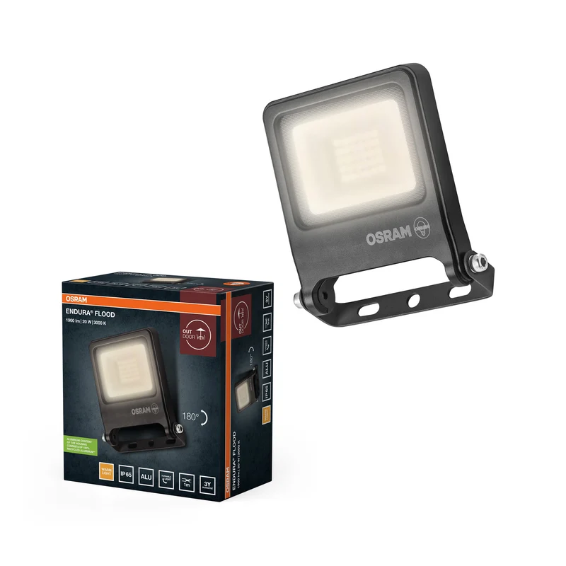 Proyector LED OSRAM ENDURA FLOOD PC 20 W, blanco cálido 3000 K, 1800 lúmenes, protección IP65, ángulo de haz de 110°, 90 lm/W, gris