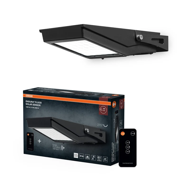 Proyector LED OSRAM ENDURA Flood Solar, 10 W, alimentado por energía solar, sensor integrado, luz blanca fría, mando a distancia, batería de larga duración de hasta cuatro horas a máxima intensidad, clase de protección IP65