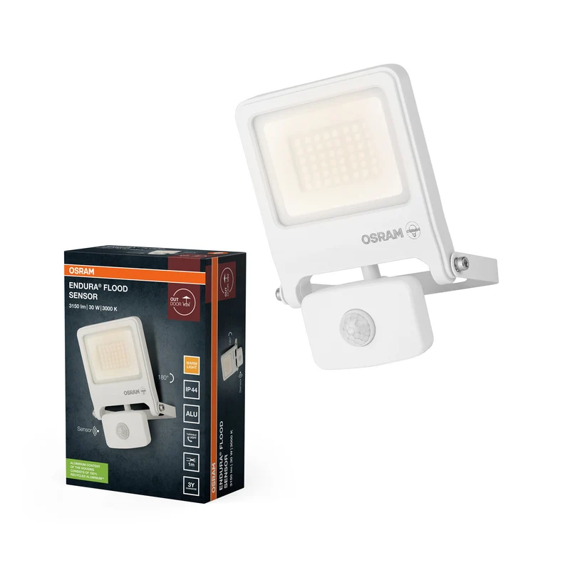 Proyector LED OSRAM ENDURA FLOOD PC 30W con sensor, 3000 K (blanco cálido), 3000 lúmenes, IP44, luz blanca, sensor IR, ajuste de lux de 2 a 1000