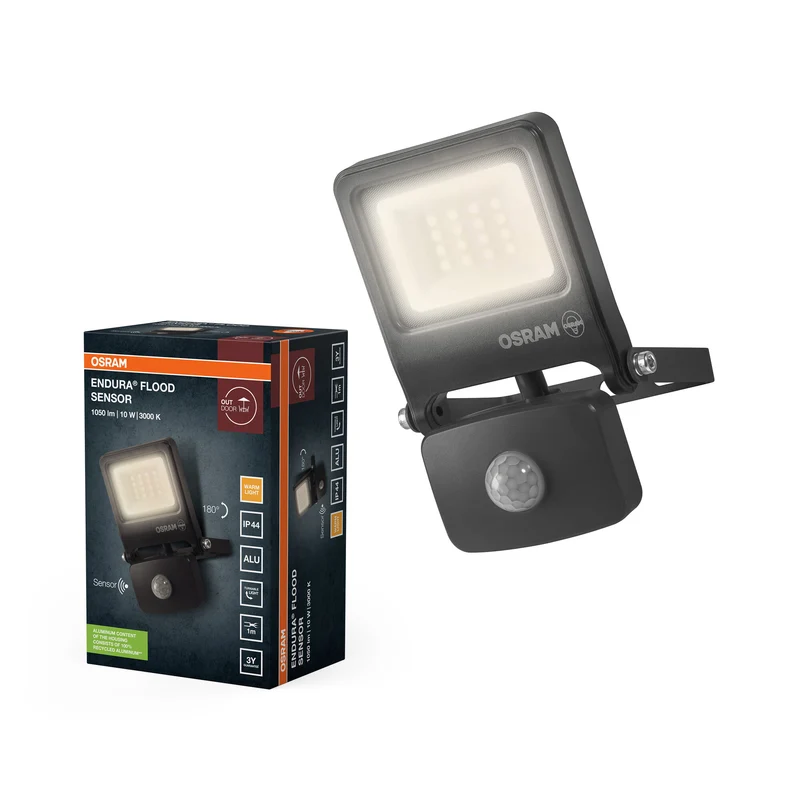 Proyector LED OSRAM ENDURA FLOOD PC 10 W con sensor, blanco cálido 3000 K, 1000 lúmenes, IP44, con detector de movimiento y sensor crepuscular de 2 a 1000 lux