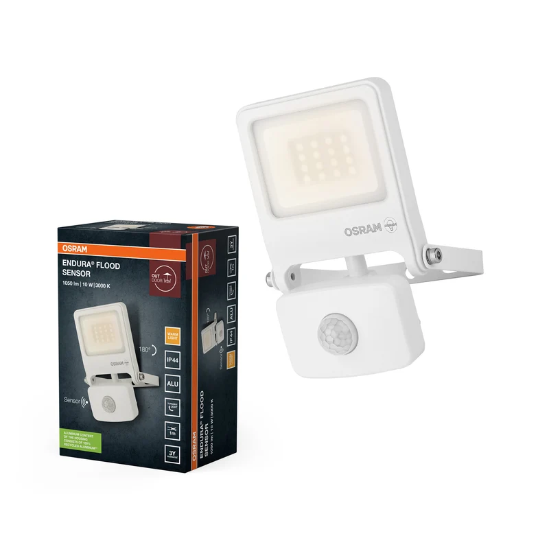 Proyector LED OSRAM ENDURA FLOOD PC 10 W con sensor, 3000 K blanco cálido, 1000 lúmenes, IP44, luz blanca, sensor IR de 9 m, función de temporizador/lux, blanco