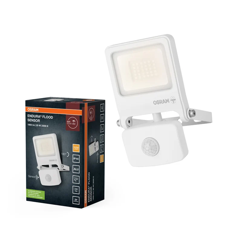 Proyector LED OSRAM ENDURA FLOOD PC 20 W con sensor, blanco cálido 3000 K, 1800 lúmenes, IP44, detector de infrarrojos, apagado automático con luz diurna, blanco