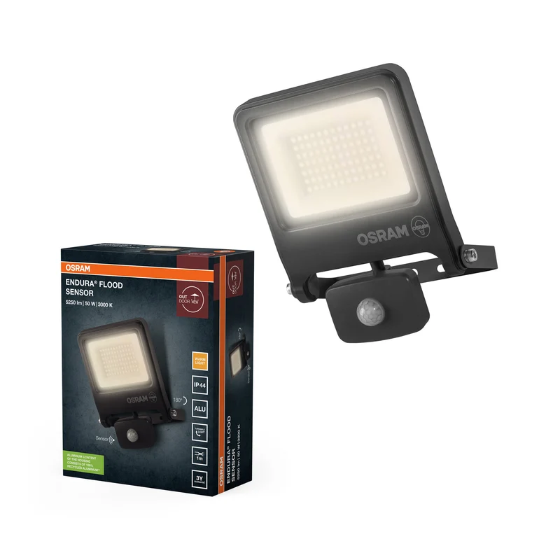 Proyector LED OSRAM ENDURA FLOOD PC 50 W con sensor, blanco cálido 3000 K, 5000 lúmenes, IP44, detección de movimiento, alcance de hasta 9 m, gris