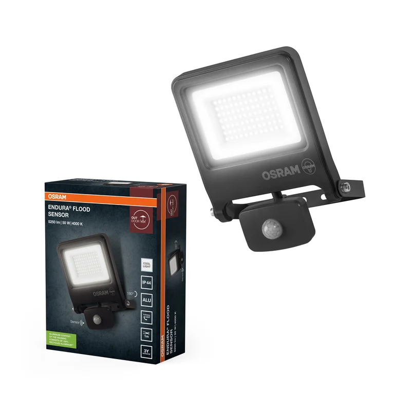 Proyector LED OSRAM ENDURA FLOOD PC 50 W con sensor, 4000 K, 5000 lúmenes, IP44, detector IR, alcance ajustable hasta 9 m, gris oscuro